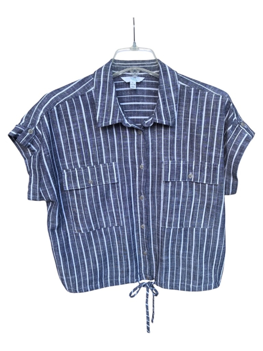 Time and Tru Blue Gray Striped Button up Top-Size L
